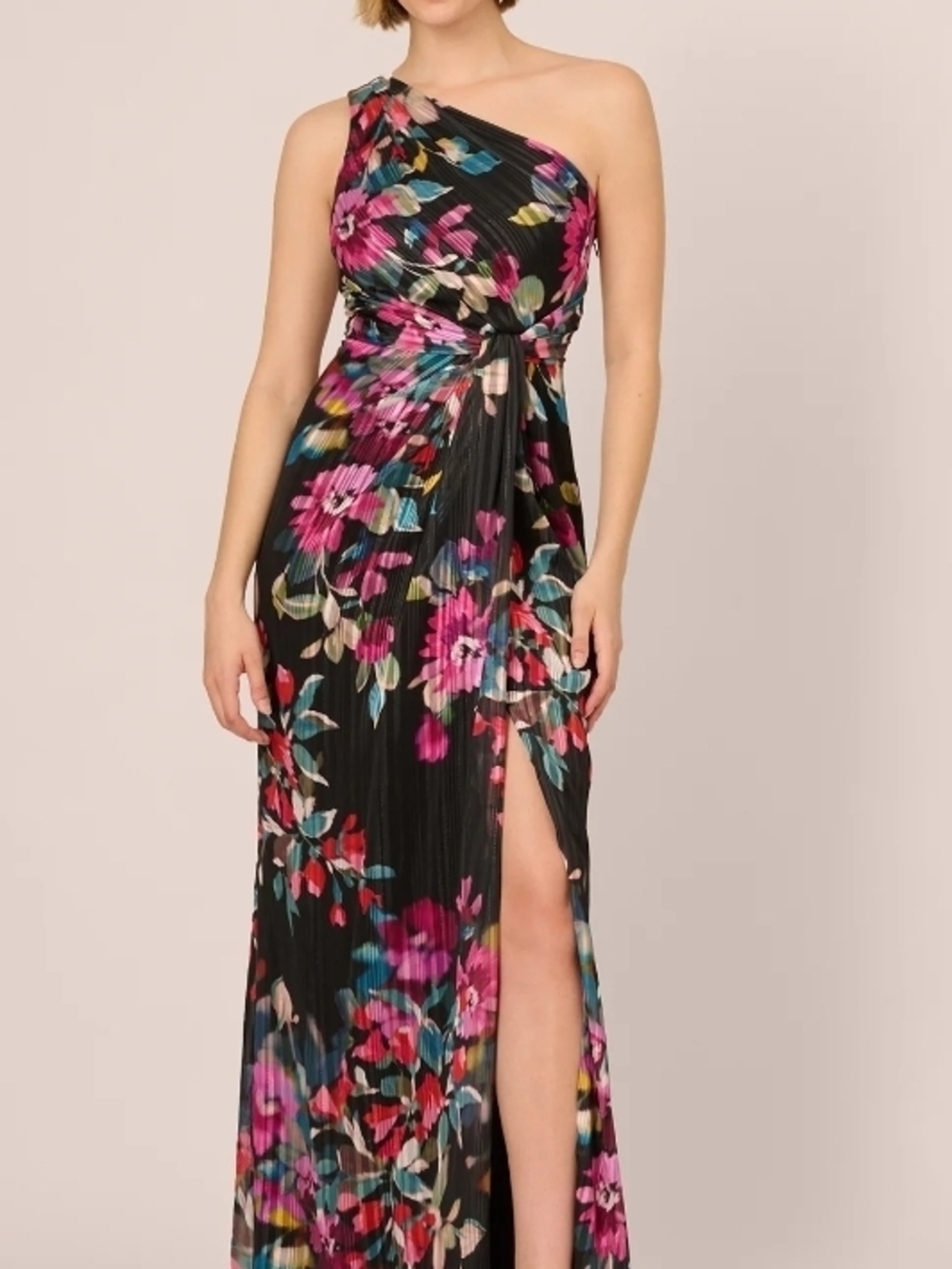 Adrianna Papell One Shoulder Metallic Floral Stripe Gown In Black Multi